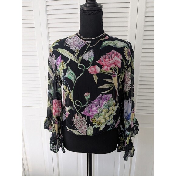 H&M Blouse Women's 6 Black Purple Green Sheer Floral Birds Top Romantic Ruffles - Picture 1 of 12
